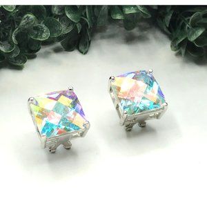 Earrings silver tone square iridescent gem
